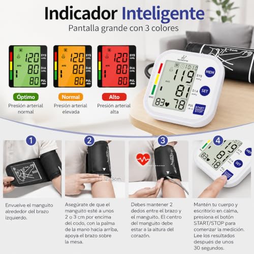 MUINAIFTE Baumanómetro Digital Monitor de Presión Arterial（Blanco） | Brazalete Ajustable 22-36 cm，Baumanómetro Digital con Indicador de Voz Pantalla LCD Grande con Función de Memoria