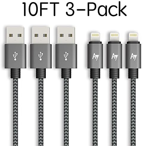 AYIPE USB to iPhone Lightning Cable [3-Pack] - 10 Feet (3 Meters) - GrayBlack - Nylon Braided