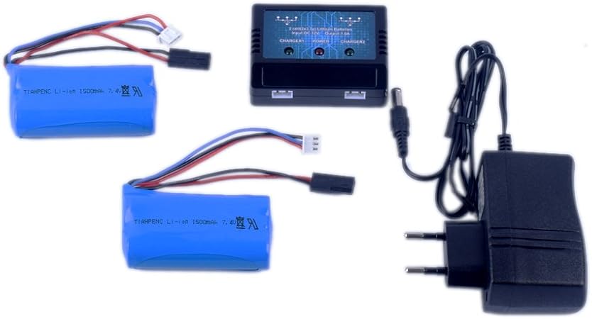 Pack 2 Batteries 7.4V 1500mAh + Chargeur – Pour Modèles RC Hélicoptère, Bateau, Voiture