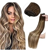 LAAVOO Straight Remy Hair Weft Extensions Balayage Brown to Caramel Brown Short Hair Extensions W...