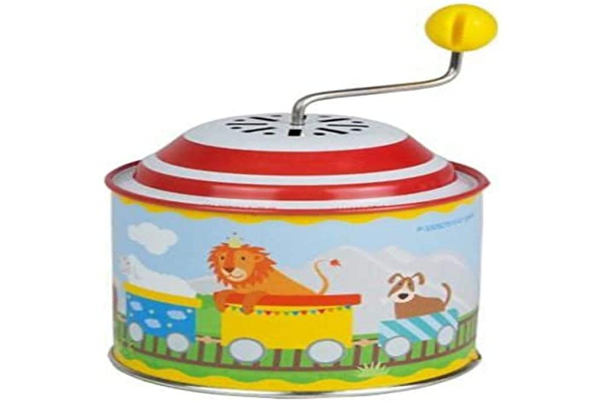 Lena tin toys 52751 - Musical tin Train, musical tin with turning handle 10.5 x 7.5 cm, musical tin with melody Spring, locomotive metal musical tin, for children over 18 months, with railway motif