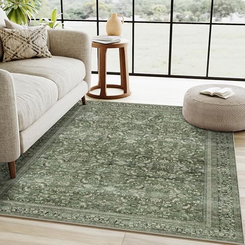 HUGEAR Vintage Grün Waschbarer Teppich Wohnzimmer 120x170cm Retro Rugs for Living Room Weich rutschfest Groß Tepich Kurzflor Schlafzimmer Carpet Livin