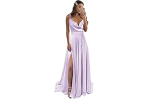 POMUYOO Spaghetti Straps Bridesmaid Dresses with Pockets Satin Long Formal Prom Ball Gowns with Slit YG182