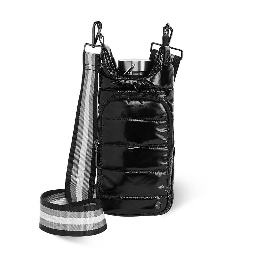 WanderFull® Original HydroBag®, Fits Up to 32 oz Water Bottle Holder with Strap, Hands-Free Crossbody, Water Bottle Carrier Bag with Phone Pocket - Black Glossy w/Striped Strap Image