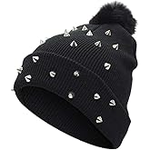 EINCORN Punk Knitted Hat Black Acrylic Hat Rock Hiphop Winter Soft Warm Pom Bobble Knit Acrylic for Women, as the picture shows