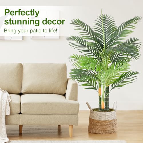 Keeplush Artificial Palm Tree Triple Golden 120cm Large Artificial Plant Outdoor Indoor or Outdoor Tall for Patio Poolside Lawn Office Living Room Balcony Garden (1Pack)