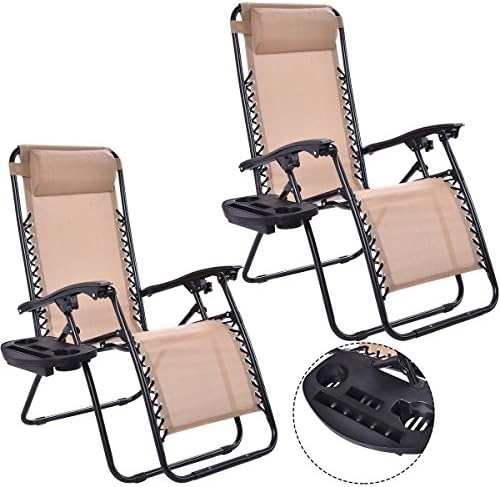 2PC Zero Gravity Chairs Lounge Patio Folding Recliner Outdoor W/Cup Holder, Beige