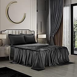 AiMay 6 Piece Satin Bedding Sheet Set King Black