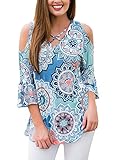 Alvaq Women Summer Sexy V Neck Cold Shoulder Floral Top Plus Size 3 4 Long Sleeve Blouses T shirt