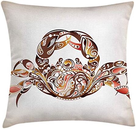 Hectwya Zodiac Cancer Throw Pillow Cushion Cover, Constellations Themed Crab Design with Ethnic Swirls and Curves Marine Animal