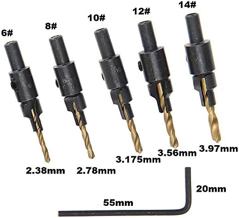 Contineo 5pcs HSS Wood Drilling Hex Countersink Drill Bit Set with 1/4 Round Shank 6# 8# 10# 12#14#