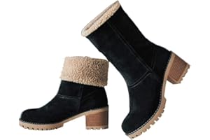 VIMISAOI Winter Boots for Women, Comfortable Slip On Mid Chunky Heel Suede Warm Snow Ankle Boots Outdoor Shoes