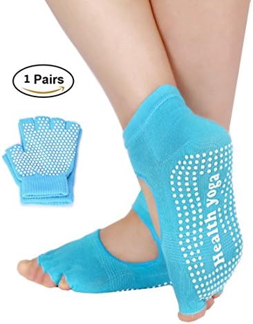 Non Slip Half Toe Yoga Socks and Gloves for Ballet, Yoga, Pilates, Barre Cotton Socks with Grips for Women 1 Pairs Blue