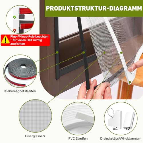 MLEJU Magnetic Fly Screen Window, Insect Protection, Magnetic Window, Can Be Cut to Size up to 120 x 130 cm, No Drilling, Easy Assembly, Magnetic Frame with Tear-Resistant Fibreglass Fabric, White Frame, Grey Net