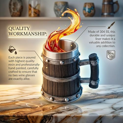 Medieval Viking Wooden Beer Stein, 304 with Stainless Steel Liner,Nordic Viking Runes Tankard Coffee Cup Home Decor, Capacity 20 OZ (Black) Men Father’s Day Gift | Beer Mug | Dubai Souvenir