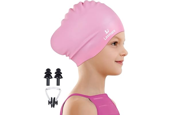 Kids Long Hair Swimming Cap for Girls Boys, 2 Size Silicone Swimming Hat for Age 3-15 Toddler Children Teens, Waterproof Swim