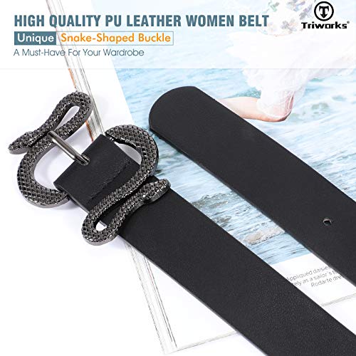 Triworks Belt For Women Fashion Leather Belt Gold/Black Snake Buckle Belt for Jeans, Pants, Dresses, Shorts
