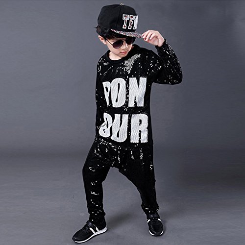 DREAMOWL Girls Boys Sequin Hip Hop Dance Costumes Ballroom Modern Jazz Clothing Top Pants (Black, 10-12)