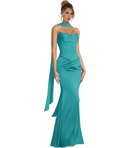 amazon turquoise bridesmaid dresses Elegant Sequin Beaded Strapless Mermaid Sweetheart Prom Dress Satin Floor Length Backless Corset Maid of Honer Gown Aqua : Clothing, Shoes & Jewelry Soundscape Maxi Dress | evening dress 2017 Color:tinted navy