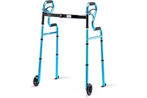 3 in 1 Folding Walker with 5” Front Wheels by Health Line Massage Products, Width Adjustable Compact Standard Walker Support Up to 350lbs, Lightweight Folding 2 Wheels Walker for Seniors, Adults