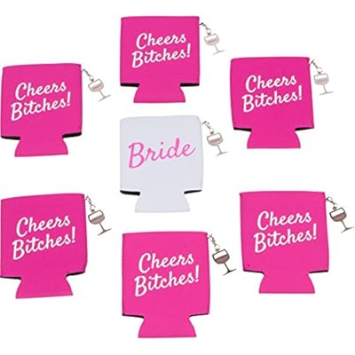 Fun â€œCheers Bitchesâ€ & â€œBrideâ€ Drink Can Coolers With Charms - Best Bachelorette Party Supplies, Gifts & Favors For Brides & Wedding Bridal Showers 7 pack (pink)