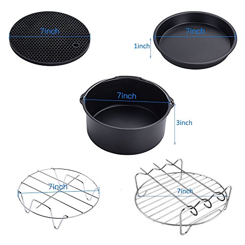 5 Piece Air Fryer Accessories for Gowise Phillips Cozyna Air Fryer, Including Cake Barrel, Pizza Pan, Metal Holder, Skewer Rack and Silicone Mat, Fit All 3.7QT 5.3QT 5.8QT with 7 Inch Diameter