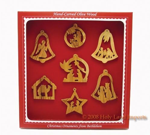 Olive Wood Christmas Ornaments- Set of 7- Nativity Story