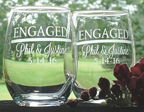 Engagement Engaged Couple Gift Pair of Personalized 15 oz stem less wine glasses