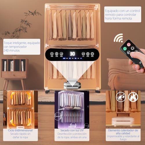 ZVXCABV Secador de Ropa Portátil,Secadora de Ropa Electrica de 2000W,Secador de Ropa de Doble Capa con Temporizador,Pantalla Táctil y Control Remoto,Adecuada para Apartamentos,Casas Rodantes y Hogares