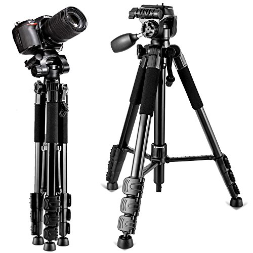 Camera Tripod,57''DSLR Aluminum Camera Tripod for Canon, Nikon, Sony, Samsung, Olympus, Panasonic & Pentax + eCost Microfiber,With 1/4" 3 Way PanHead,2 Bubble Level,57",Load up to 8.8lb, Carry Bag