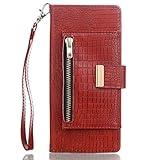 Wallet Leather Folio Case Cover for Samsung Galaxy Note 8, Alligator Pattern Non-slip with Kickstand & Leather Wrist & Card Holder, Embedded Durable Magnetic Flip case for Galaxy Note 8 (2017)- Red