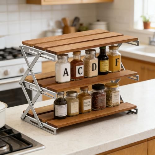 DFJLWKE Étagère à Épices Pliable 3 Niveaux- Acier Inoxydable 40cm | Organisateur de Placard-Hauteur Réglable-Bois de Noyer