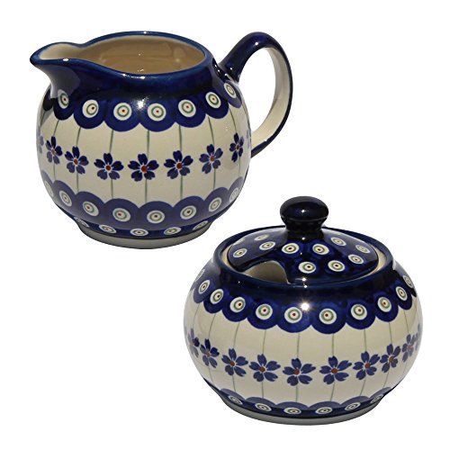 Polish Pottery Sugar Bowl and Creamer From Zaklady Ceramiczne Boleslawiec #694/711-166a Floral Peacock Classic Pattern, Sugar Bowl: Height: 3.7" Creamer: Height: 3.4" - Thumbnail 4