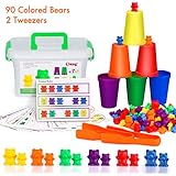 BMAG Counting Bears with Matching Sorting Cups,Number Color Recognition STEM Educational Toy for Toddler, Pre-School Learning Toy with 90 Bears,2 Tweezers,11 Activity Cards,1 Storage Box