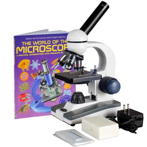 UPC 608729744696, AmScope M150C-PS25-WM Compound Monocular Microscope, WF10x and WF25x Eyepieces, 40x-1000x Magnification, LED Illumination, Brightfield, Single-Lens Condenser, Coaxial Coarse and Fine Focus, Plain Stage, 110V, Includes Set of 25 Prepared Slides and Book