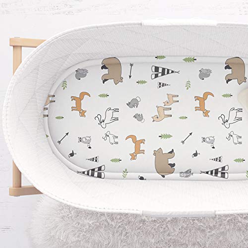 Stretchy Jersey Cotton Bassinet Sheets Compatible With Chicco Lullago, Halo Bassinest, Arms Reach Versatile and Other Oval, Rectangle Basinette - Ultra Soft - Forest Animals - Gender Neutral