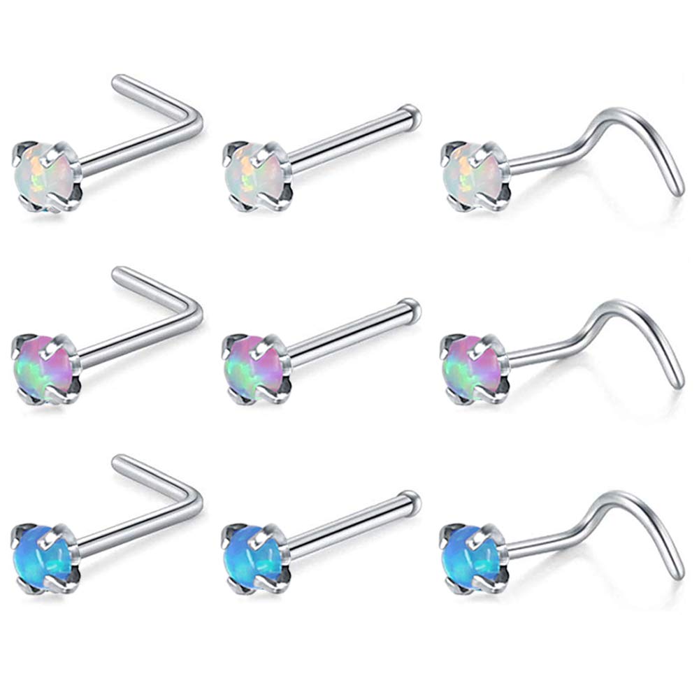 5-9 Pieces Blue Opal Nose Studs 20 Gauge Nose Pin L-Shape Nose Piercing Stud Stainless Steel Nose Stud Retainer