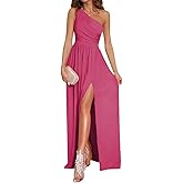 LYANER Women's One Shoulder High Split Sleeveless Ruched Cocktail Sexy Maxi Long Dress Rose XX-Large