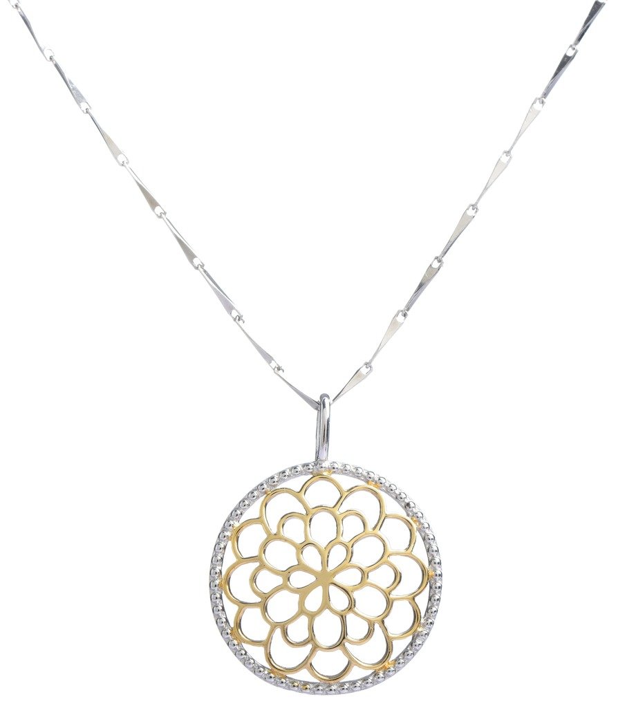 Sterling Silver and 18K Gold Bali Inspired Filigree Round Circle Floral Pendant Necklace, Best Jewelry for Women, 16/18