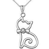 Animal Kingdom Unique Sterling Silver Diamond Openwork Cat Charm Pendant Necklace