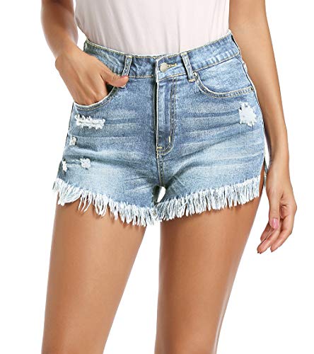 NEWFANGLE Women\' Casual Denim Jean Shorts,Mid-Rise Frayed Raw Hem Ripped Hot Short,Light Blue,XL