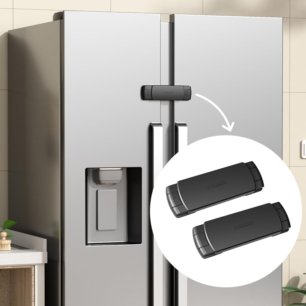 EUDEMON Latest French Fridge Lock French Door Refrigerator/Freezer Lock Apply to Max 3.54"(90mm) Two Door Gap Distance for Kids & Babies,Easy to Install no Tools Need or Drill (Black, 2 Pack)