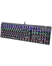 AUKEY Mechanische Tastatur LED Beleuchtete Gaming Tastatur mit 105-Tasten (Deutsche Layout) Blaue Switch Metall Platte 100% Anti-Ghosting Mechanisch Gaming Tastatur für PC Gamer und Schreibkraft