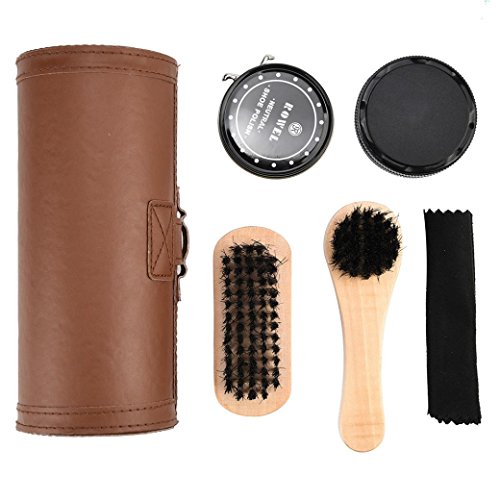 Shoe Care Kit, Brush Cleaner 8-Piece Travel Shoe Shine Brush Kit with Case Shoe Horn, Polish, Brushes, Sponge Cloth (Black)