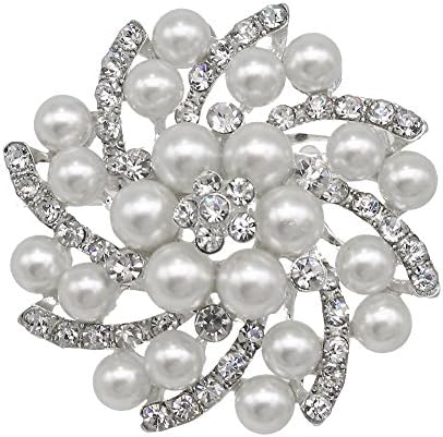 eGlomart Crystal Wedding Flower Brooches, Rhinestone Ivory Simulated Pearl Silver-Tone Pins