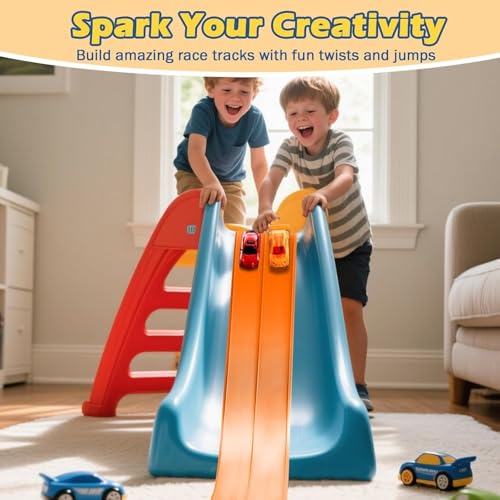 Flex Tracks 15 Ft Starter Set Flexible Race Track for Kids, Race Car Ramp Track Compatible with Hot Wheels and Diecast 1/64th Cars,Rolls Up Race Tracks with Strong Suction Cups (Orange)
