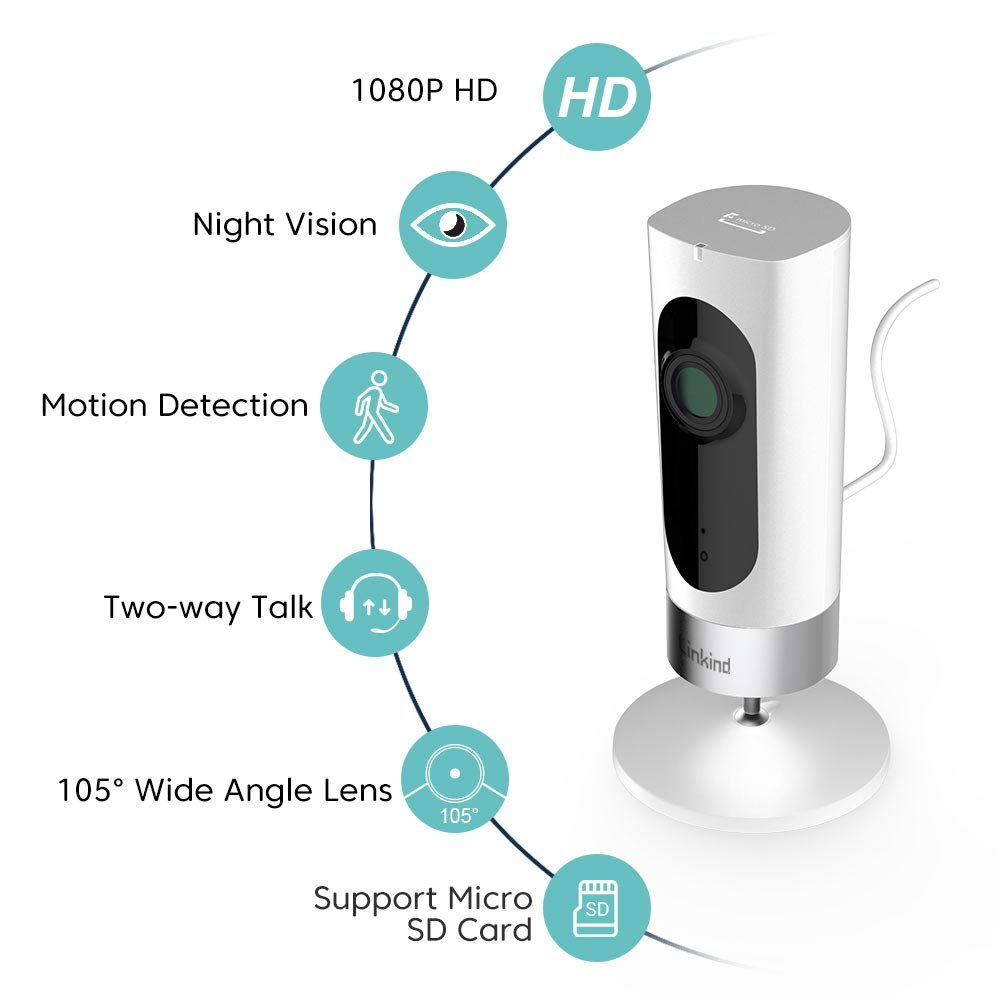 Linkind Indoor Security Camera, 1080p WiFi Smart Home Camera with Wide Angle Lens/Motion Detection/2-way Audio, IR Night Vision, MicroSD Support(Not Included), White