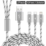 Nylon Braided Multi USB Charging Cable, ASICEN 2Pack 3-in-1 10FT/3m Micro USB Type C Charge Cord Data Sync Lightning to USB Cable for iPhone, iPad, iPod, Samsung,BlackBerry,Nexus,Google,LG,HTC (Gray)