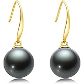 DENGGUANG 18K Gold Black Pearl Dangle Earrings 8-9mm Genuine Tahitian Cultured Pearls Drop Ear Hook Dangle Earrings Vintage Jewelry for Women