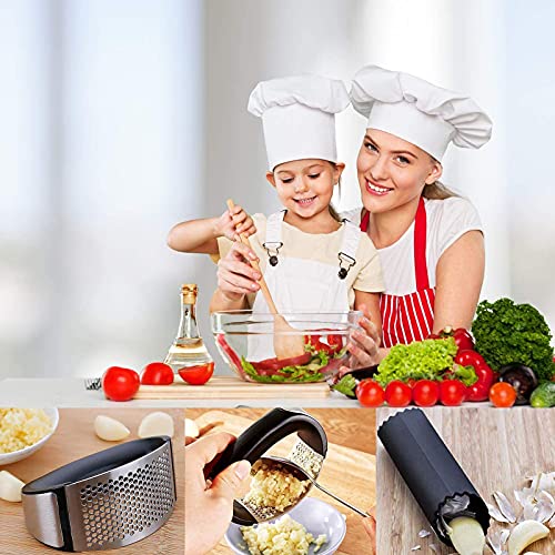 Presse-ail, Acier Inoxydable, Extra Fort et Durable, Va au Lave-vaisselle, Deux outils d\'épluchage à l\'ail et deux brosses, Cuisine Indispensable